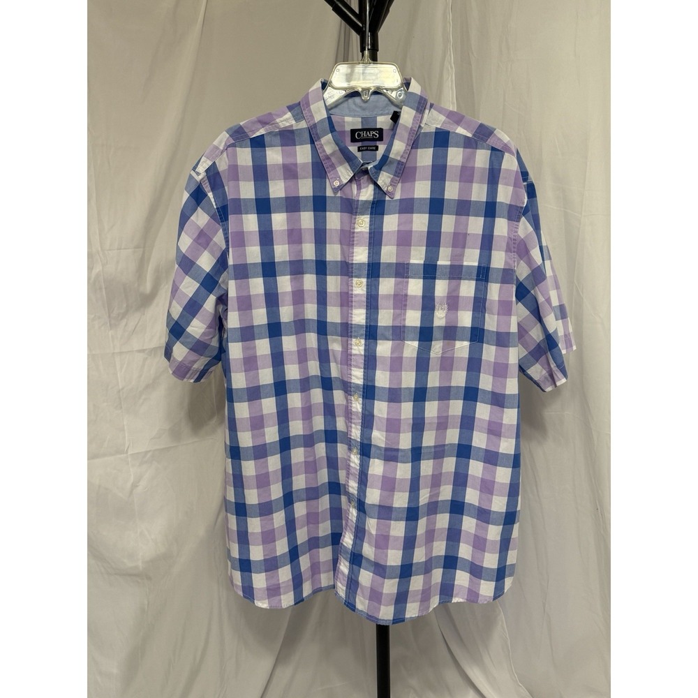 Chaps Shirt Mens Short Sleeve Button Plaid Purple Blue White Casual Size 3XLB